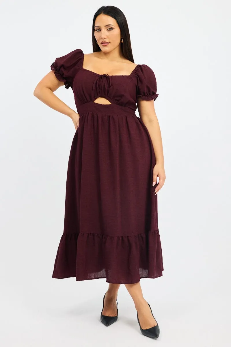 Red Midi Dress Short Sleeve Cut Out Tiered Sunday Stroll