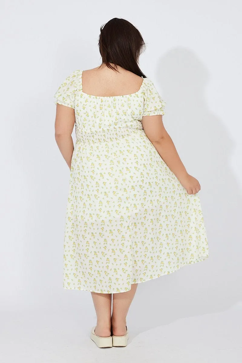 White Ditsy Midi Dress Short Sleeve Ruched Bust Island Mood