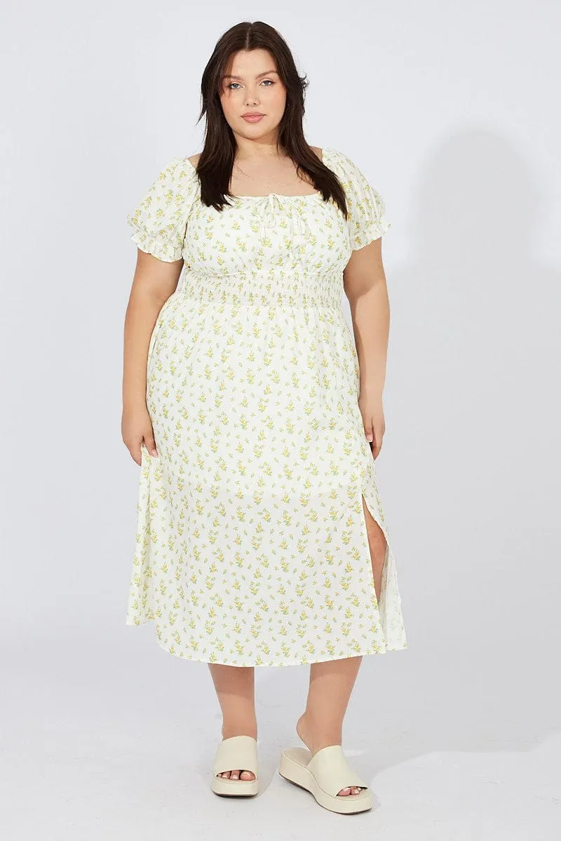 Elegant Details White Ditsy Midi Dress Short Sleeve Ruched Bust