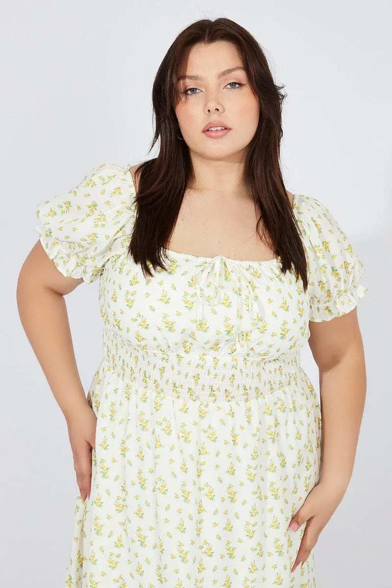 White Ditsy Midi Dress Short Sleeve Ruched Bust Feminine stylish midi