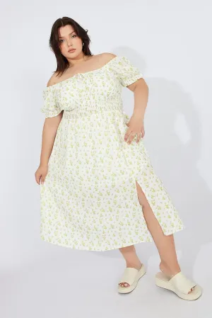 White Ditsy Midi Dress Short Sleeve Ruched Bust Italian Flair Shadow Play