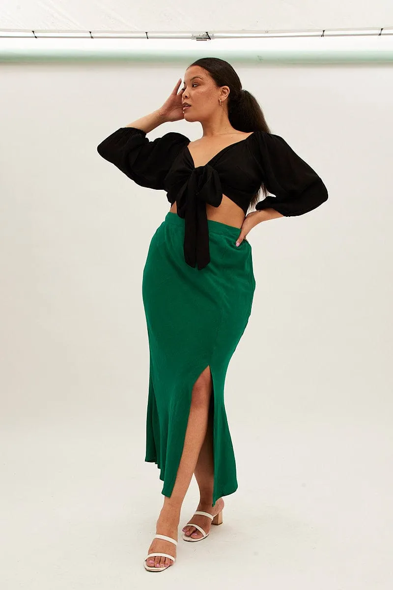 Maxi length Designer Label Green Midi Skirt Elastic Waist Split Side Linen Blend