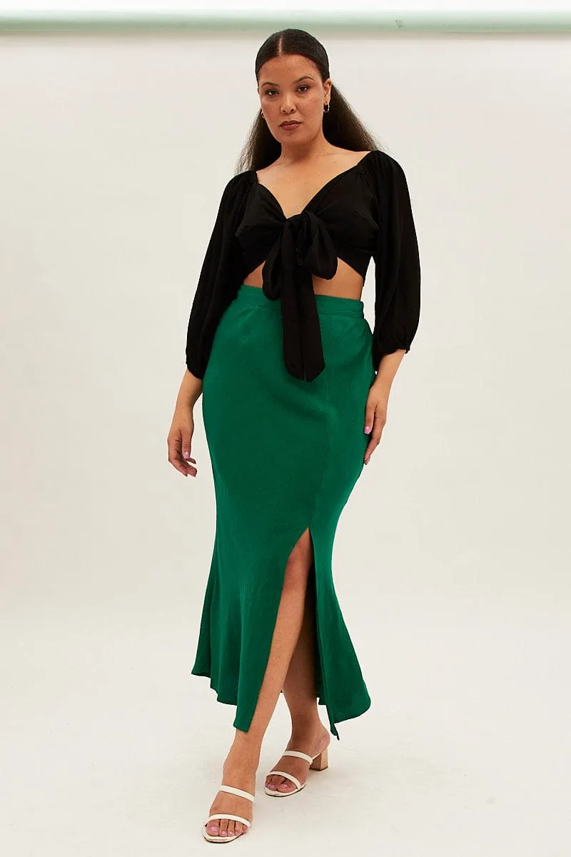 Twist Front Design Green Midi Skirt Elastic Waist Split Side Linen Blend