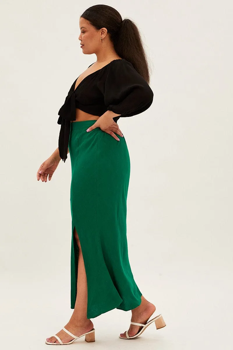 Green Midi Skirt Elastic Waist Split Side Linen Blend Vibrant color Lightwear Look