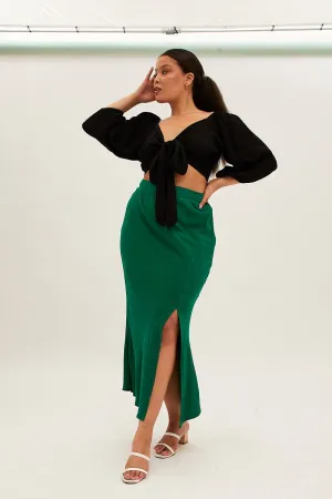 Maxi length Designer Label Green Midi Skirt Elastic Waist Split Side Linen Blend