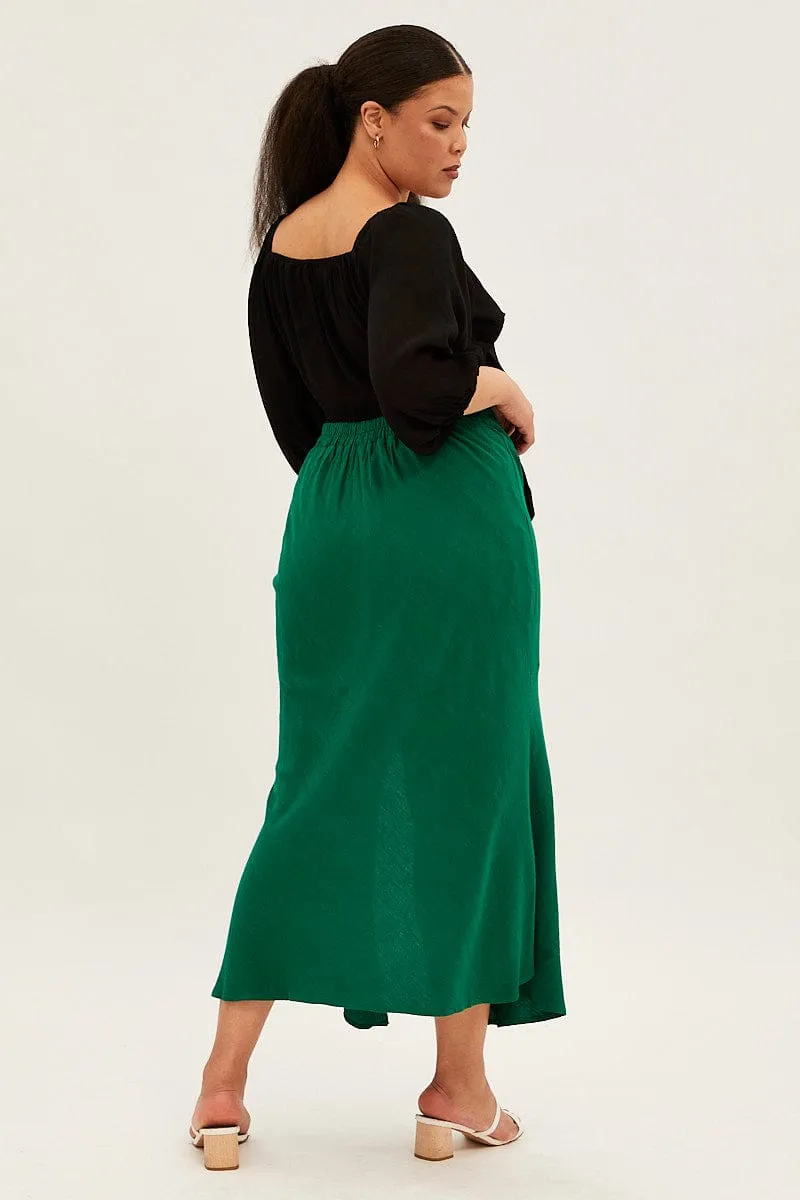 Green Midi Skirt Elastic Waist Split Side Linen Blend Non Irritating Texture