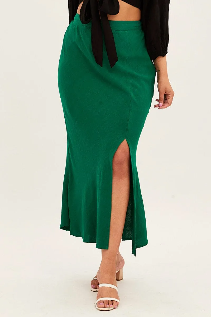 Green Midi Skirt Elastic Waist Split Side Linen Blend Fresh Texture High Street Chic