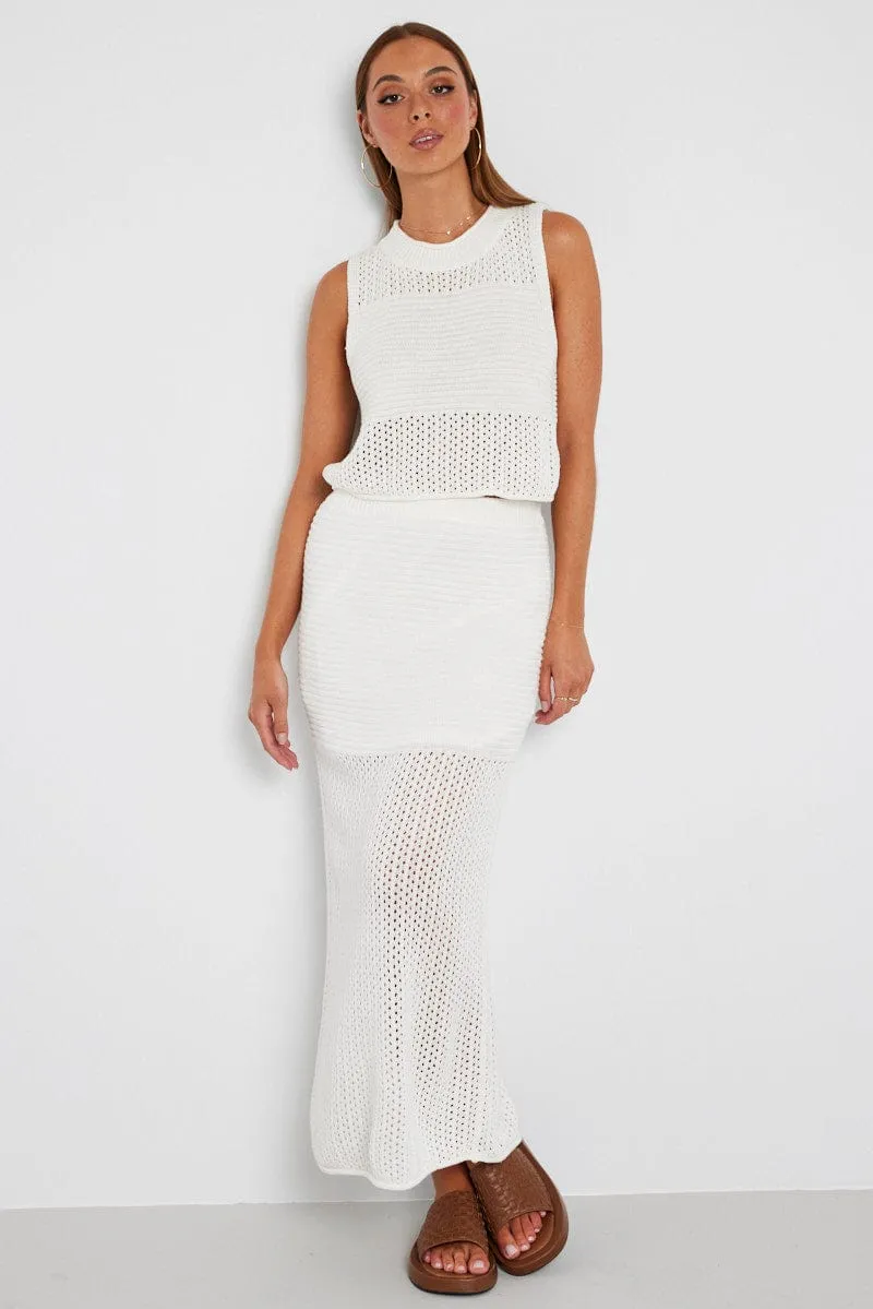 Crossback Strap White Knit Skirt Midi Crochet
