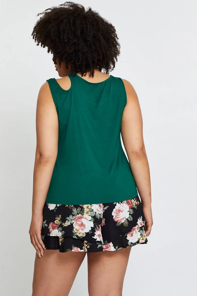 Green Tank Top Asymmetrical Cut Out Strap Jersey Evening Glow Recycled Polyester Blend