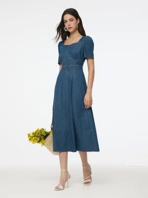 Date night american casual Denim Stretch Women Square Neck Midi Dress