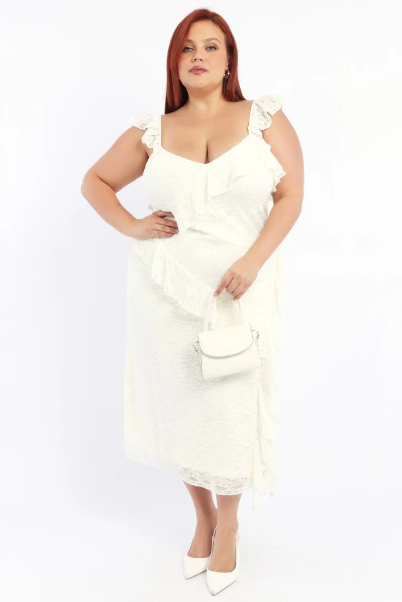 Rain Path White Midi Dress Sleeveless Lace Ruffle