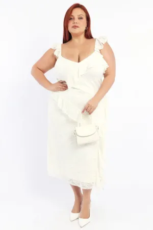 Rain Path White Midi Dress Sleeveless Lace Ruffle