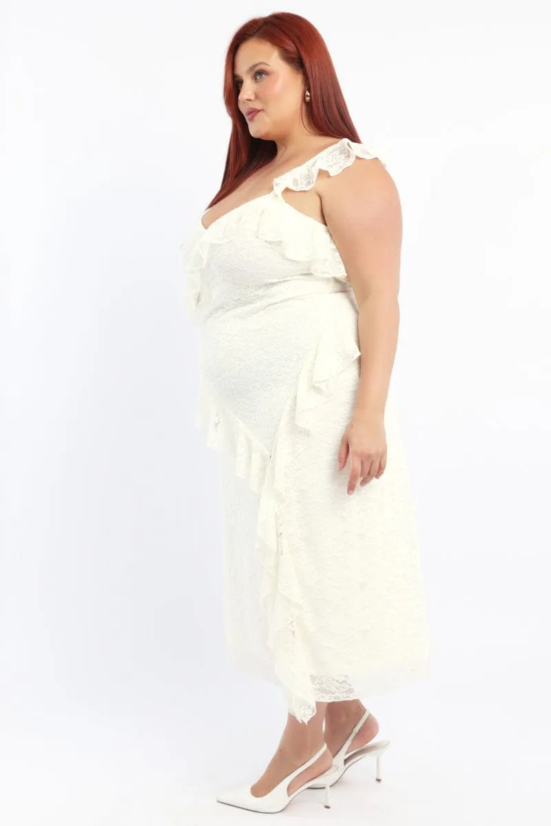 White Midi Dress Sleeveless Lace Ruffle Flower Lane Breathable fabric