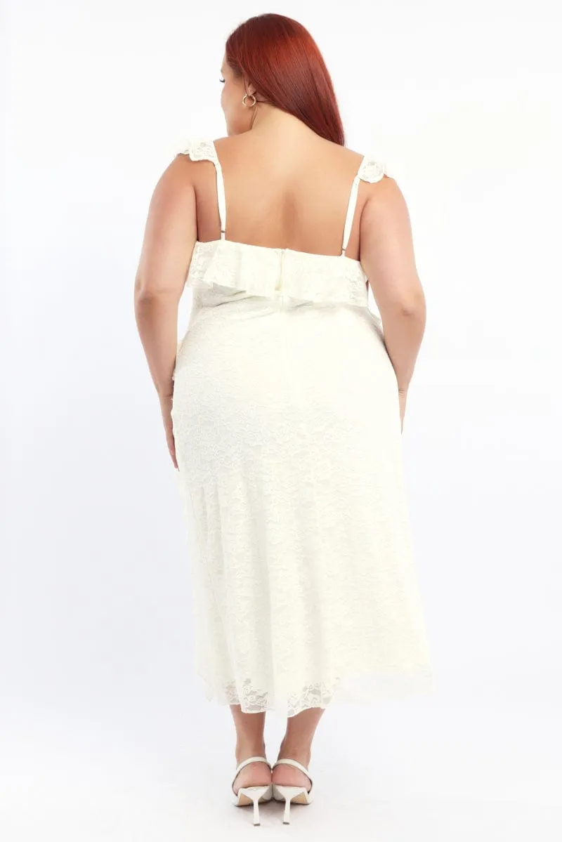 Street Minimal Easy Style White Midi Dress Sleeveless Lace Ruffle