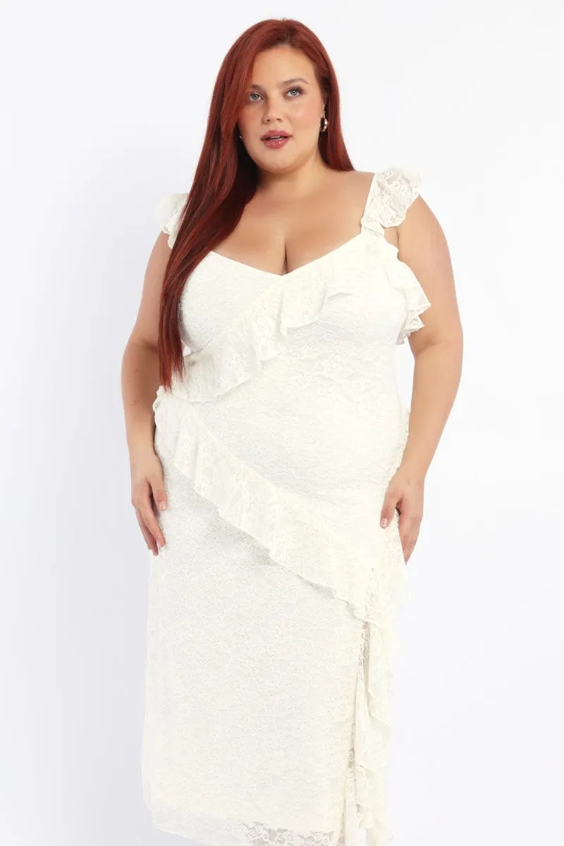 Subtle Glamour Opal Glow White Midi Dress Sleeveless Lace Ruffle