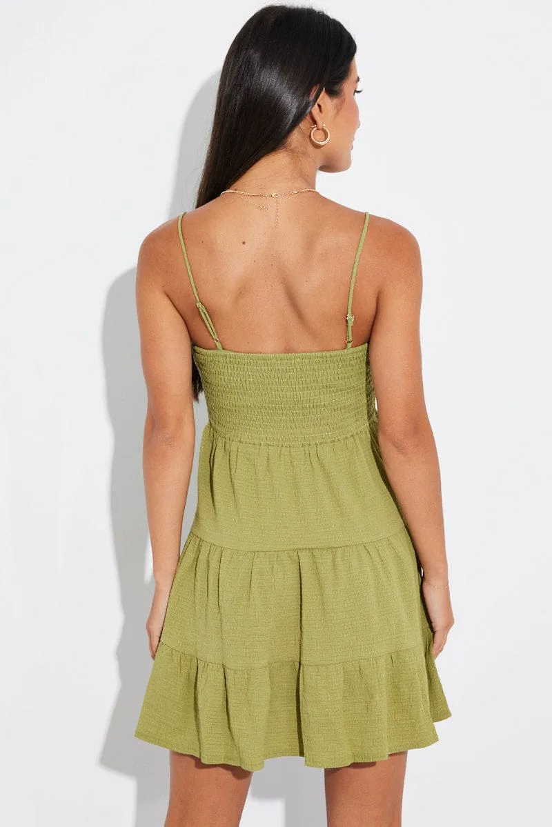 Beat Edge Green Mini Dress Shirred Bust