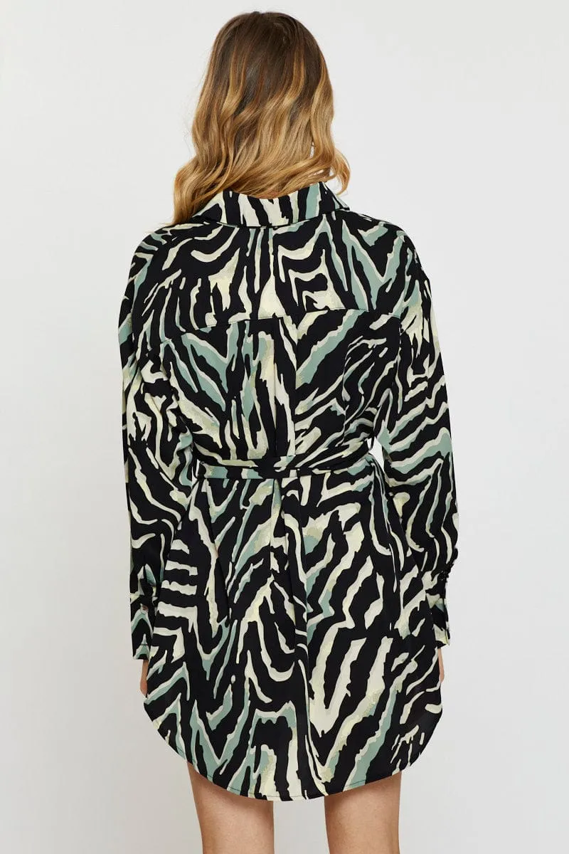 Scene Cool Airy Vibe Print Mini Dress Long Sleeve Evening