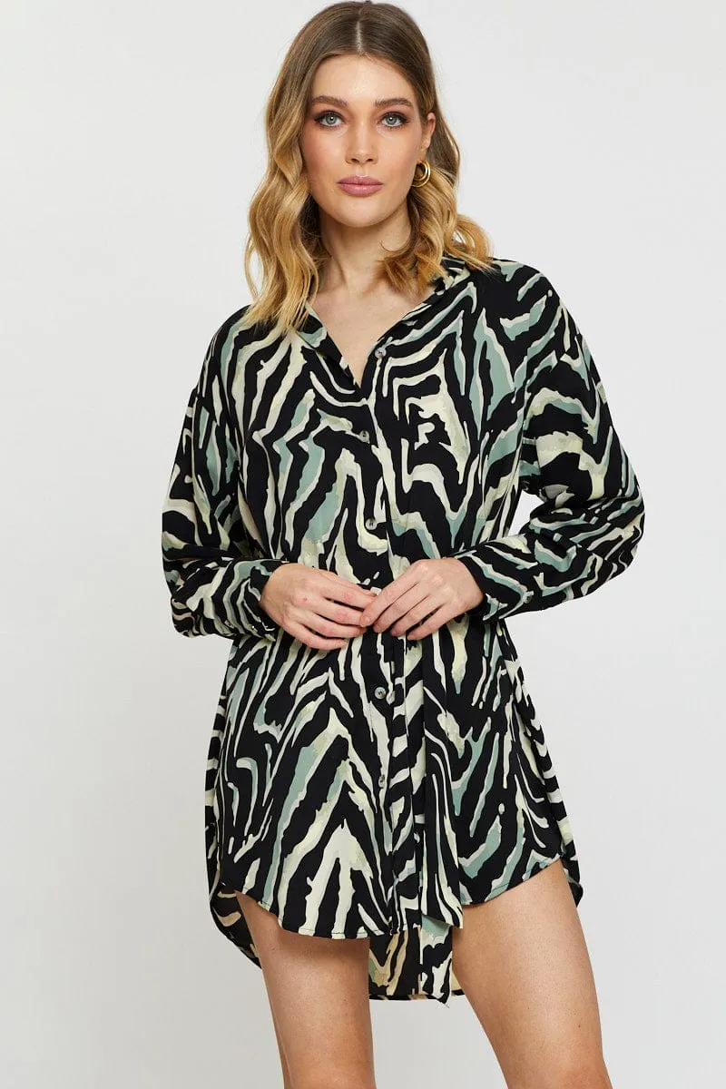 Print Mini Dress Long Sleeve Evening Bright sun dress