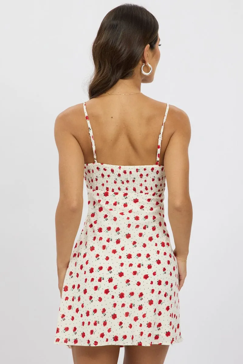 Timeless mini silhouette Red Ditsy Mini Dress V-Neck Strappy