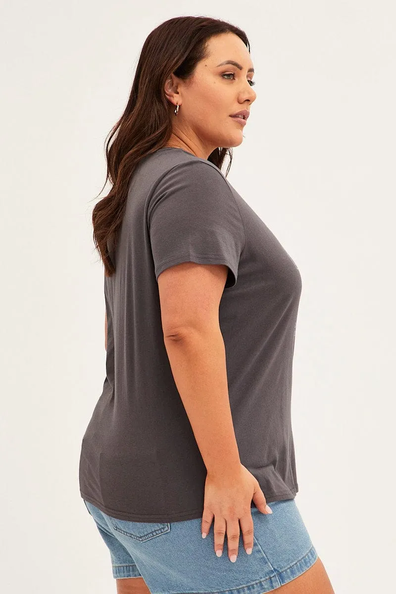Smooth Neckline Grey Graphic T-shirt Unplugged Cotton