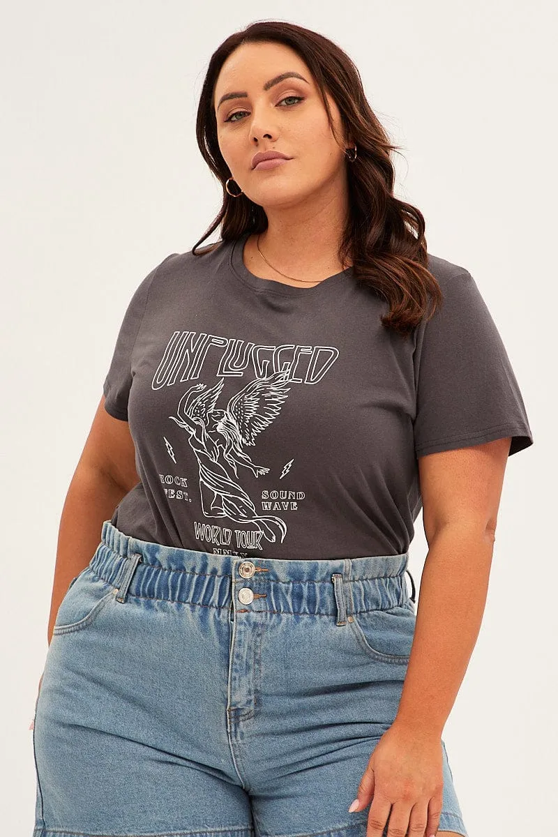 Sustainable production Grey Graphic T-shirt Unplugged Cotton