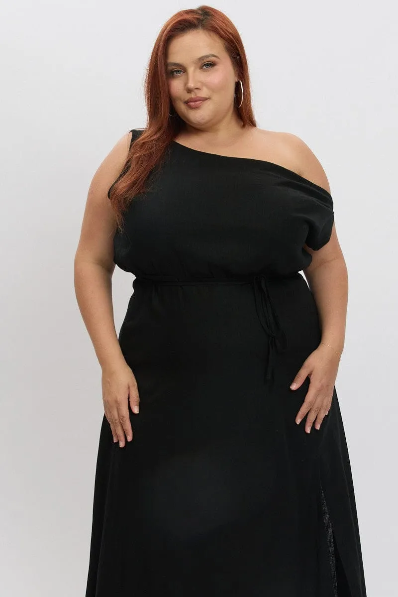 Velvet Smooth pack light Black Midi Dress Short Sleeve Asymmetric Shoulder
