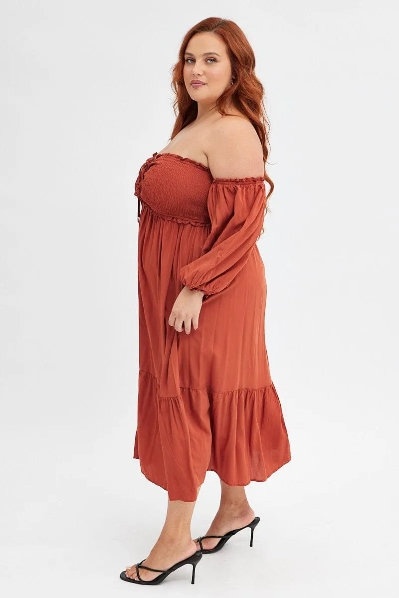 Rust Midi Dress Off Shoulder Shirred Day-to-night versatile dress City Mood