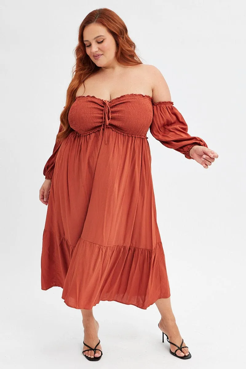 City Walk Rust Midi Dress Off Shoulder Shirred