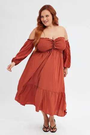 Effortless Style Windy Ready Rust Midi Dress Off Shoulder Shirred
