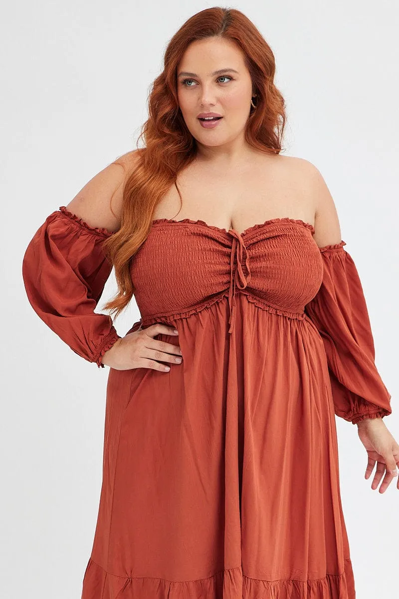 River Side Rust Midi Dress Off Shoulder Shirred