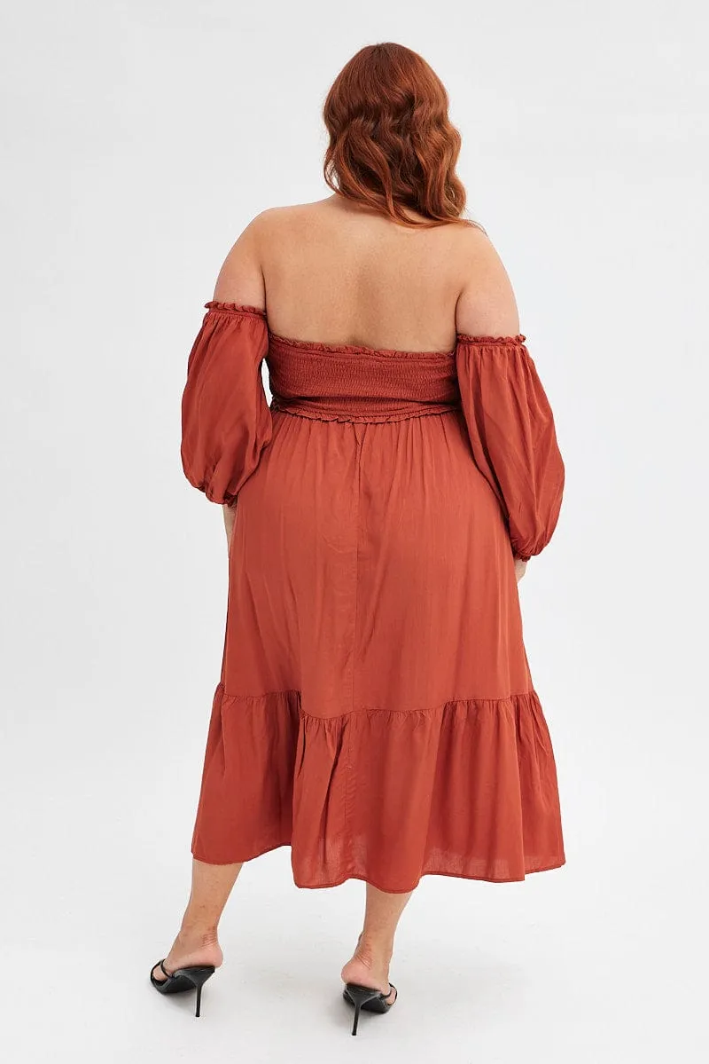 Confident Girl Elegant Attire Rust Midi Dress Off Shoulder Shirred