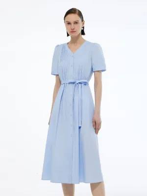 Wind Song Midi dress with waist tie V-Neck Pleat Front Women A-Line Tie Belt Midi Dress