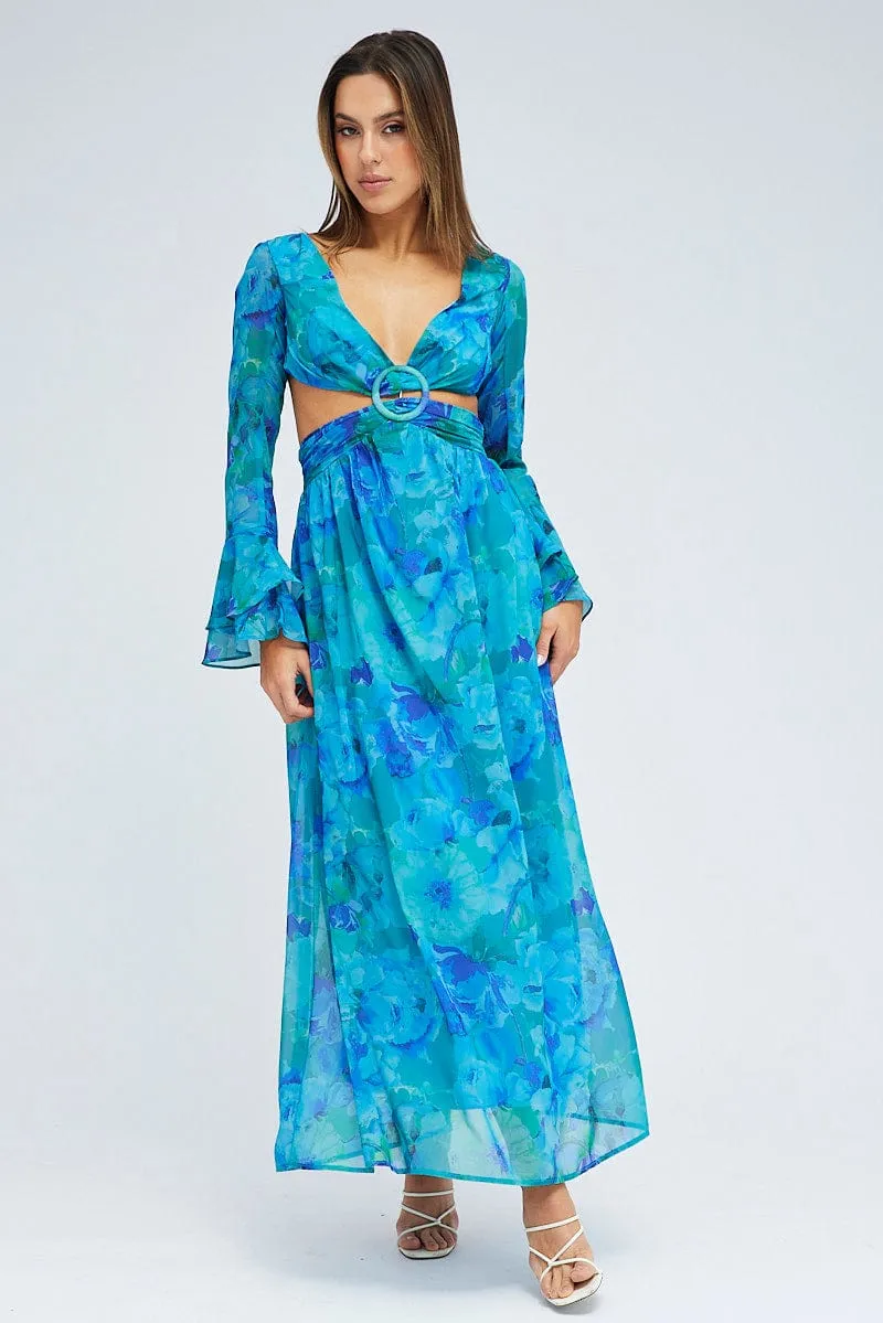Blue Floral Maxi Dress Flared Sleeve Ring Detail Chiffon Event Perfect Its elegant silhouette adds a touch of sophistication to your everyday look