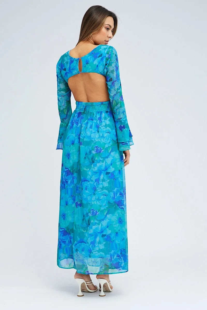 Blue Floral Maxi Dress Flared Sleeve Ring Detail Chiffon Designed to complement every body shape this dress enhances your natural silhouette