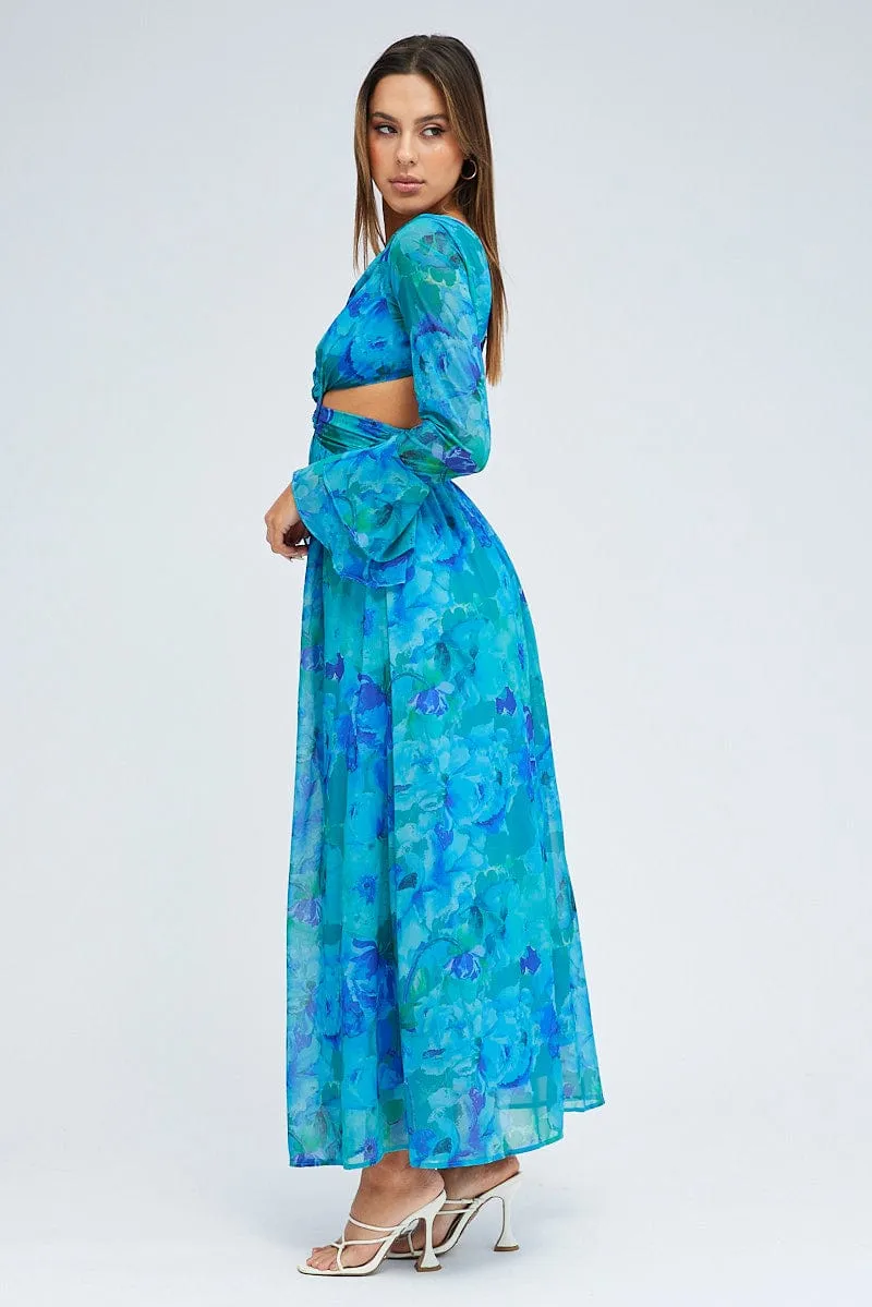 Blue Floral Maxi Dress Flared Sleeve Ring Detail Chiffon This dress is the ideal choice for those who want comfort and elegance in one garment Wall Glow