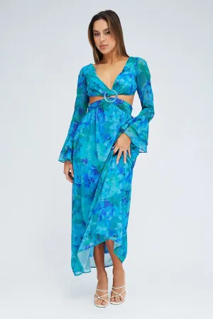 Blue Floral Maxi Dress Flared Sleeve Ring Detail Chiffon Tide Glow
