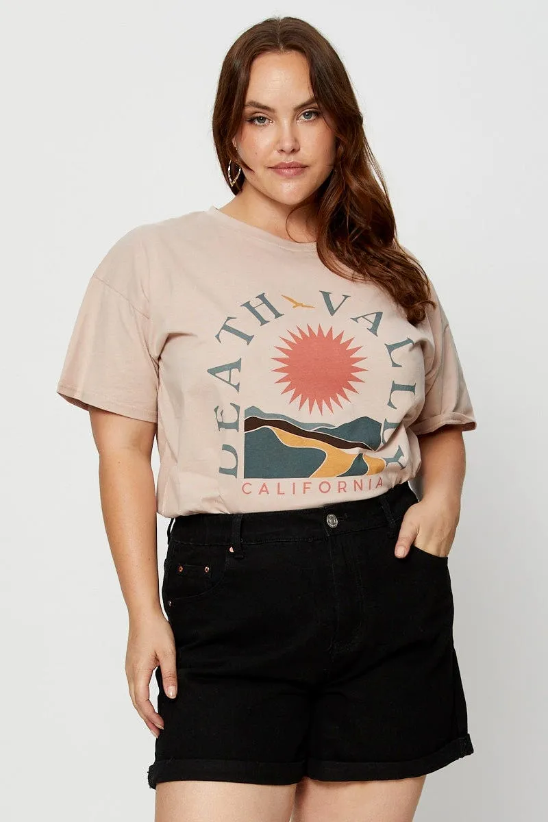 Brown Graphic T-shirt Valley Short Sleeve Cotton Chic Casual Wear