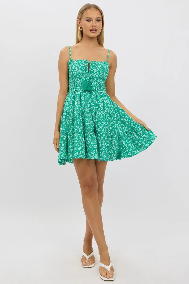 Fun Shine Bold Fashion Green Ditsy Fit And Flare Dress Mini
