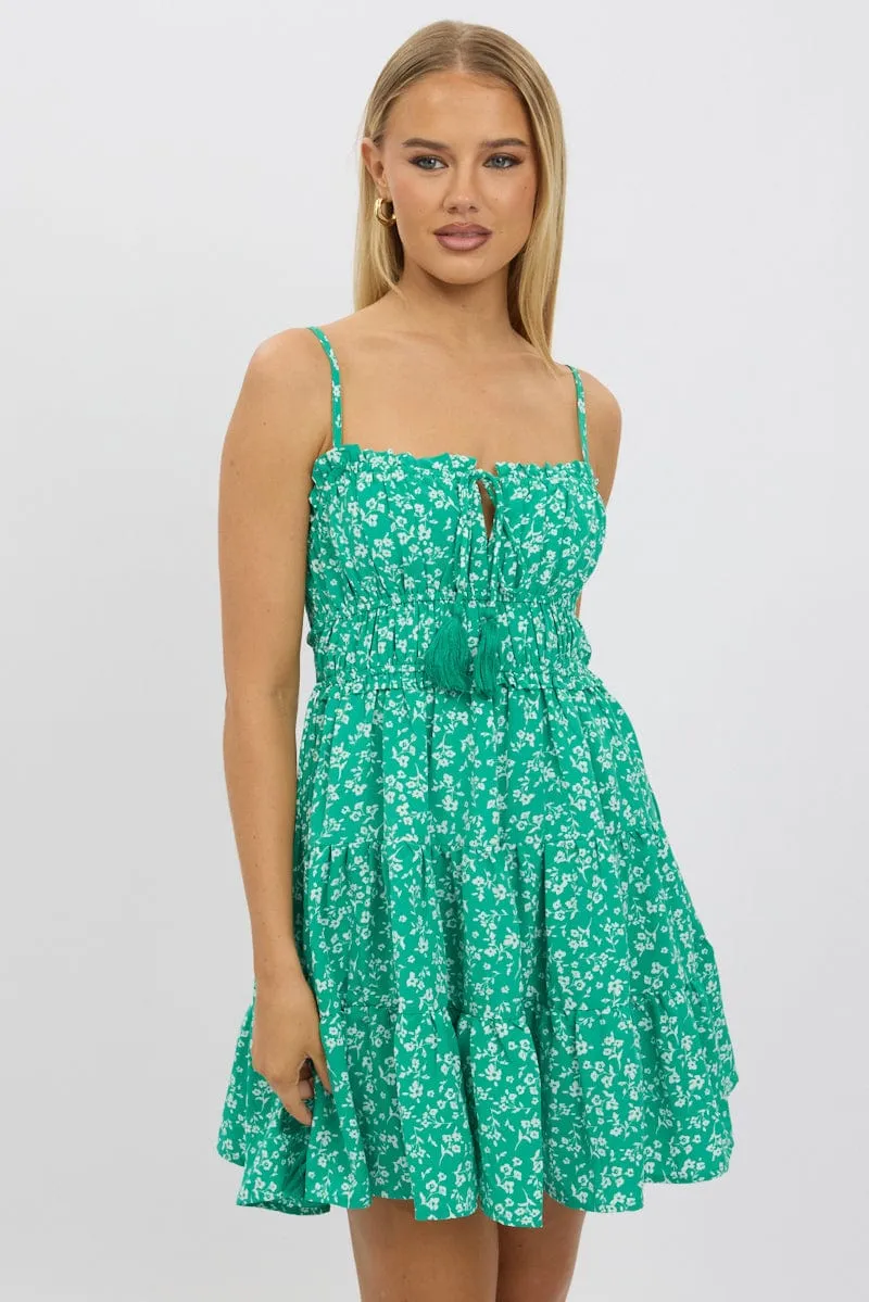Edge Shine Flexible Waistband Green Ditsy Fit And Flare Dress Mini