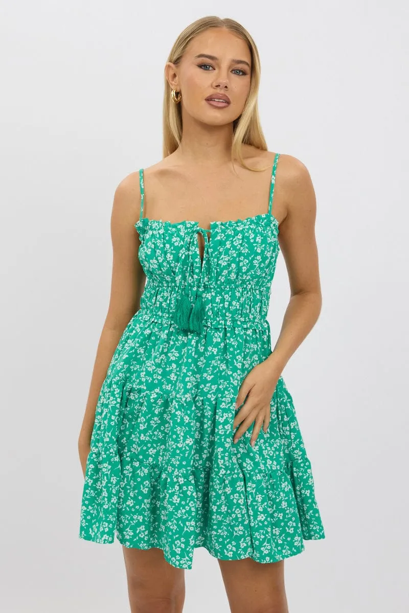 High Thread Count Cotton Green Ditsy Fit And Flare Dress Mini
