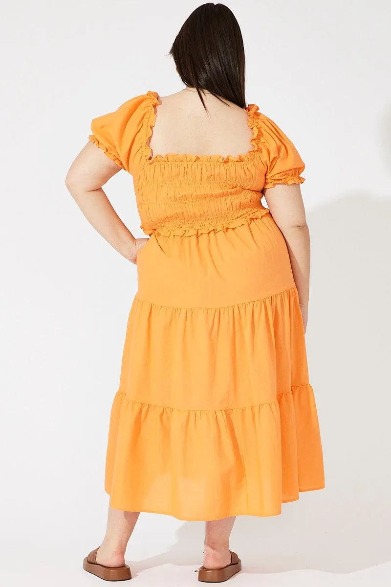 Orange Midi Dress Short Sleeve Shirred Feminine fit-and-flare style