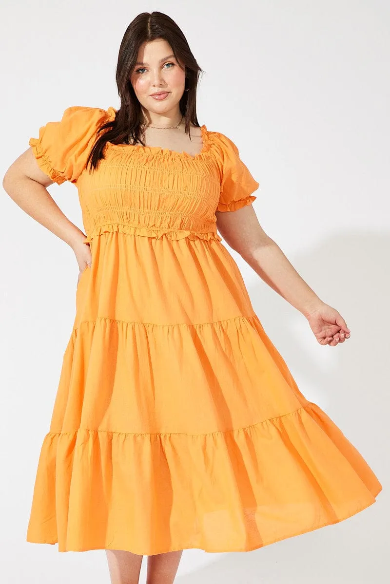 Tram Ride Classic Design Orange Midi Dress Short Sleeve Shirred