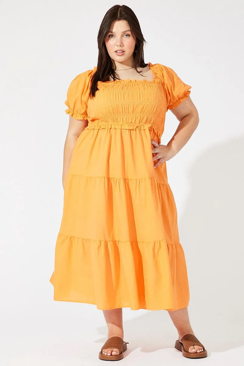 Orange Midi Dress Short Sleeve Shirred Urban Girl Emerald Glow