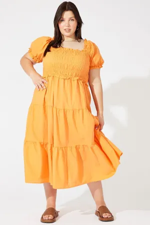 warm glow Toast Time Orange Midi Dress Short Sleeve Shirred