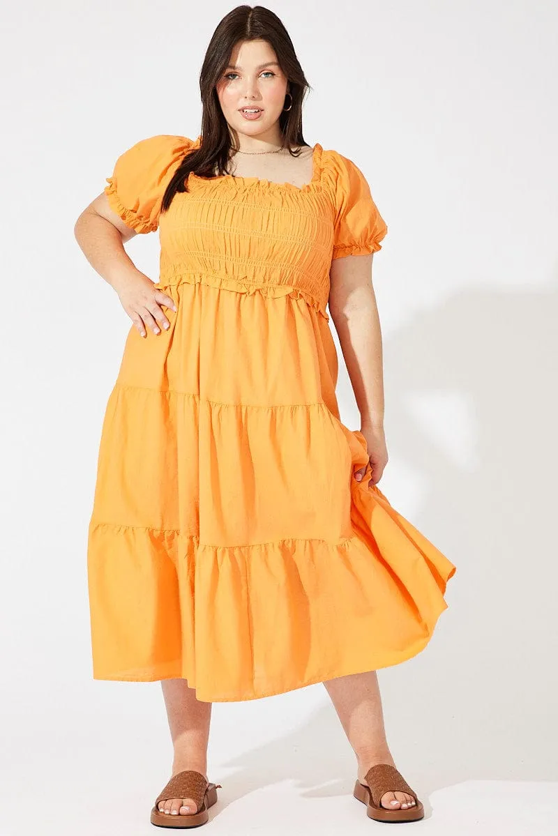 warm glow Toast Time Orange Midi Dress Short Sleeve Shirred