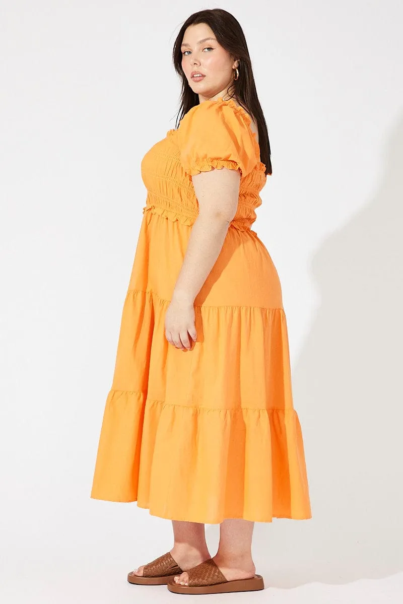 french chic Simple and timeless piece Orange Midi Dress Short Sleeve Shirred