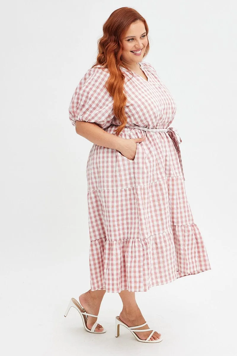 Pink Check Midi Dress Gingham Tie Waist Collared Flattering Silhouettes