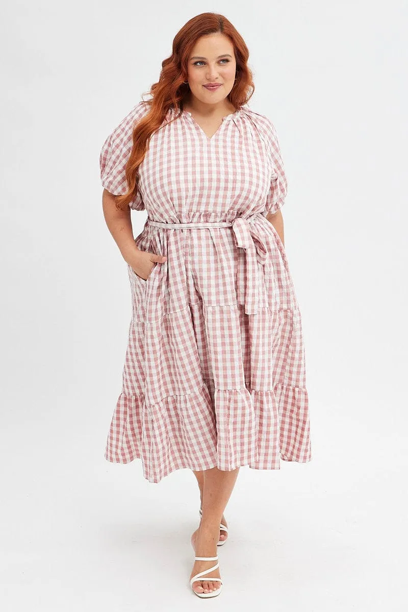 All Day Comfort Bohemian-inspired midi Pink Check Midi Dress Gingham Tie Waist Collared