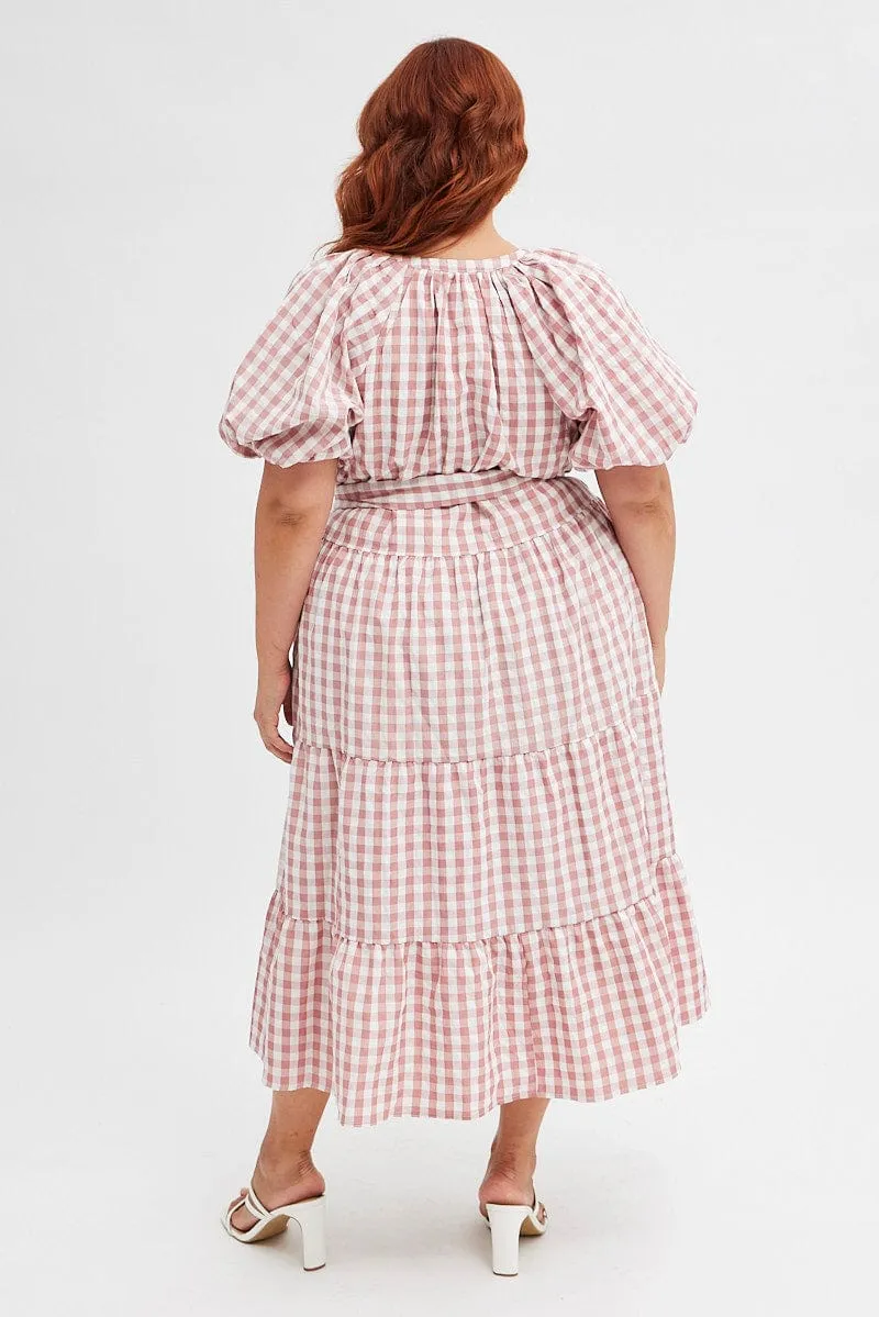 Sophisticated Style Pink Check Midi Dress Gingham Tie Waist Collared