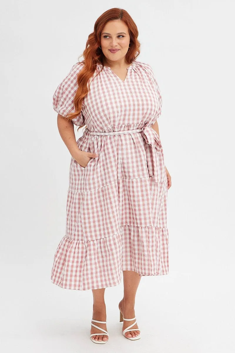 Polished Wardrobe Pink Check Midi Dress Gingham Tie Waist Collared
